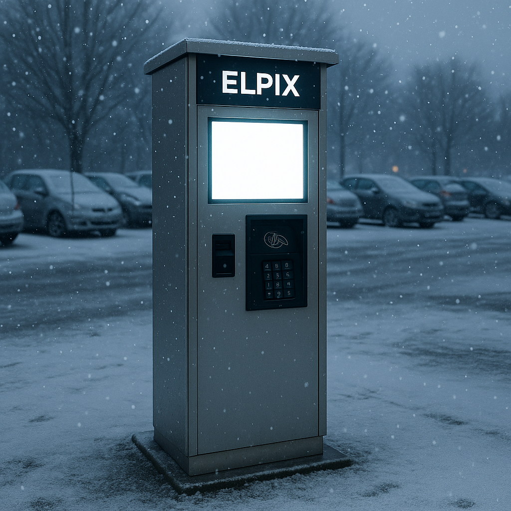 Вуличний платіжний термінал Elpix на парковці взимку в снігу