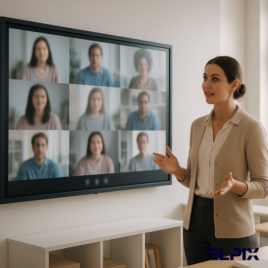 Учитель проводит гибридный урок с интерактивной панелью Elpix