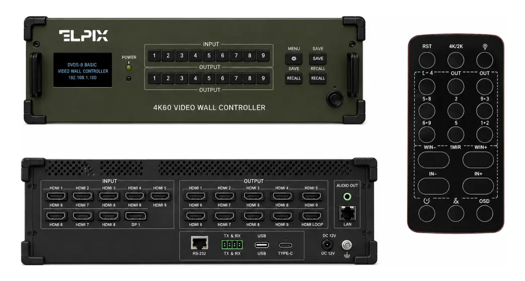 Контролер відеостіни Elpix VW-5×9 з пультом дистанційного керування, вигляд спереду і ззаду