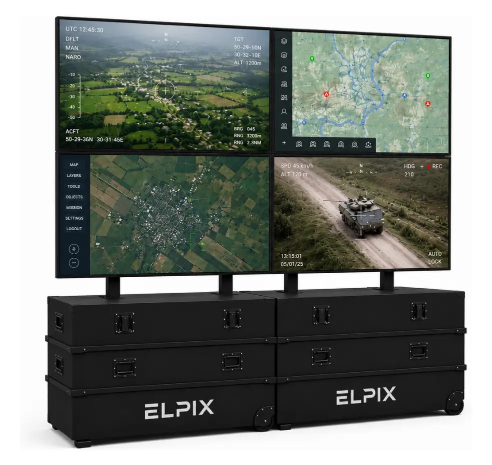 Мобільна відеостіна Elpix 2×2 з чотирьох панелей 55 дюймів у транспортних кейсах