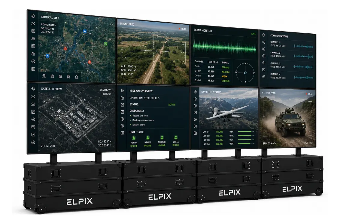 Мобільна відеостіна Elpix 4×2 з восьми панелей 55 дюймів у розгорнутому вигляді