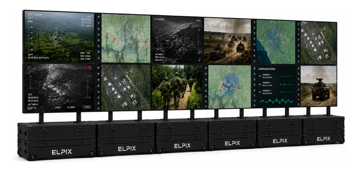 LCD відеостіна Elpix 6×2 з дванадцяти панелей 55 дюймів у транспортних кейсах